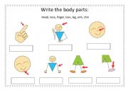 English Worksheet: Write the body parts about the song: Head, shoulders, knees and toes