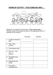 English Worksheet: WARM UP ACTIVITY   GETTING TO KNOW YOU