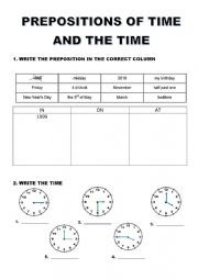 English Worksheet: PREPOSITIONS OF TIME AND THE TIME
