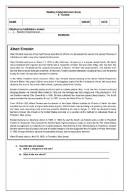 English Worksheet: Albert Einstein Reading Comprehension Text