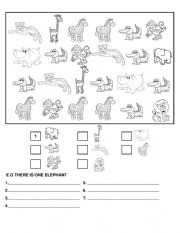 English Worksheet: COUNT THE ANIMALS AND WRITE SENTENCES USING THERE IS/THERE ARE
