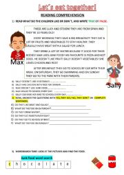 English Worksheet: Food: Lets eat together! Reading comprehension