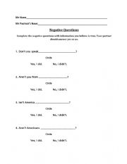 English Worksheet: Negative Questions