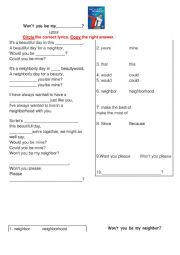 English Worksheet: Won�t You Be My Neighbor? Song Lyrics Fill in the Blank