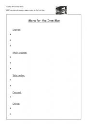 English Worksheet: English - Iron Man menu