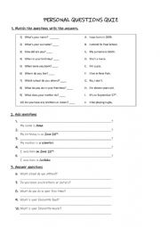 English Worksheet: PERSONAL QUESTIONS QUIZ