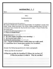 A worksheet based on reading and writing