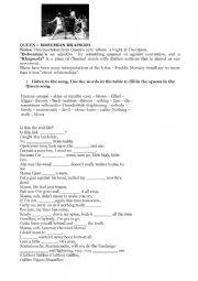 English Worksheet: Music -QUEEN  BOHEMIAN RHAPSODY