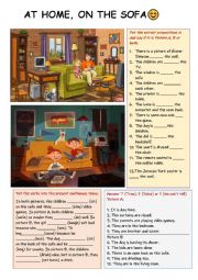 English Worksheet: At home, on the sofa. Picture description exercise