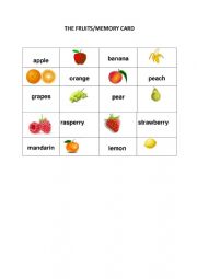 English Worksheet: THE FRUIT /MEMORY CARD