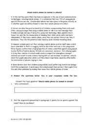 English Worksheet: Balanced report Reading Comprehension - Should Mobile Phones be Banned in Classroom?