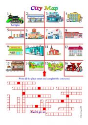 English Worksheet: City Map with place name activities, answer key and additional activities.