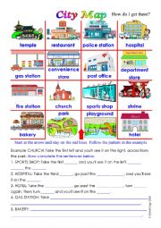 City Map with sentence completion activity and answer key.