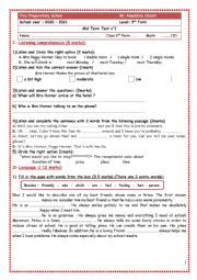 English Worksheet: mid term 1 test   9th form