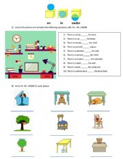 English Worksheet: in on under