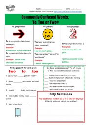 To, Too, or Two? - Commonly Confused Words Homophones / Homonyms Worksheet