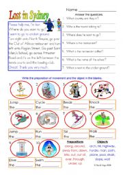 English Worksheet: Lost in Sydney: directions and prepositions with answer key and extras.