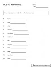 English Worksheet: Musical Instruments Scrambled Words