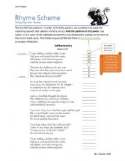 English Worksheet: Mapping the Rhyme Scheme: Jabberwocky Poem 