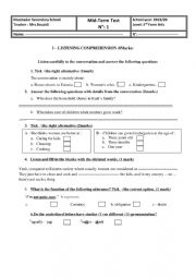 English Worksheet: mid term test 1 for 3rd  form