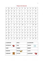 Things in the Classroom - Wordsearch