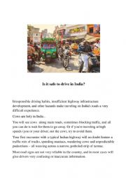 English Worksheet: Is it Safe to Drive in India ?