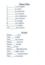 English Worksheet: Grammar These/This , Is/are,   An/A
