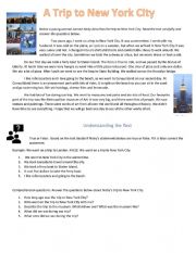 English Worksheet: My Trip To New York City Story and Comprehension Questions