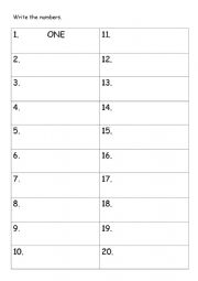 Write the numbers 1-20