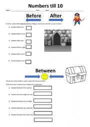 English Worksheet: numbers 1 to 10 before after between