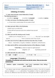 English Worksheet: 9Th Form Mid-Term Test 1