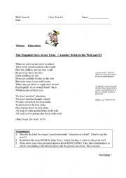 English Worksheet: The Wall (Pink Floyd) and ROAR - exam paper