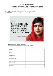 English Worksheet: TEACHERï¿½S DAY- SCHOOL OBJECTS AND SCHOOL SUBJECTS