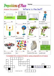Where is the ball? Prepositions of place worksheet with answer key.