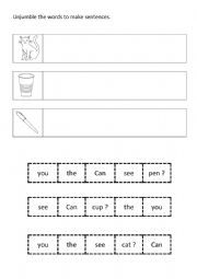 English Worksheet: Jumbled sentences ( can / you / see )