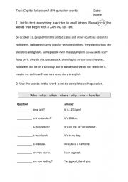 English Worksheet: Capital Letters & WH-Question Words (Halloween Edition)