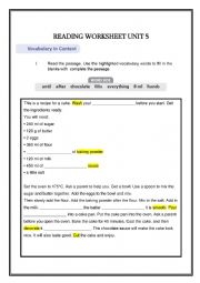 English Worksheet: READING WORKSHEET - RECIPE