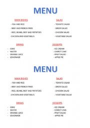 English Worksheet: RESTAURANT MENU