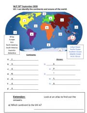 English Worksheet: geography oceans and continents year 2 