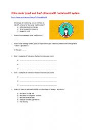 English Worksheet: Chinese social ranking system - Youtube video comprehension & discussion