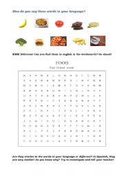 English Worksheet: Food wordsearch (transparent words in spanish)