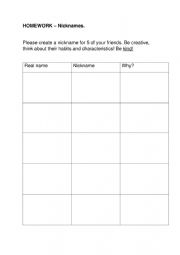 English Worksheet: Homework- Nicknames