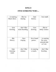 English Worksheet: Bingo - Find someone