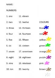 English Worksheet: numbers and colours