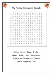 English Worksheet: Family Members Crossword Search