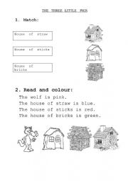 English Worksheet: 3 Little pigs, read and match, read and colour