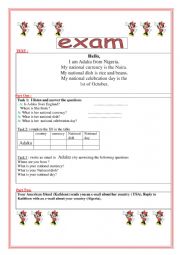 English Worksheet: describing ones country; nationality; currency, dish and celebration days .