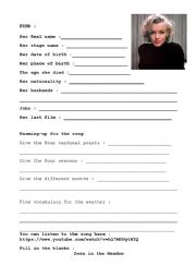 English Worksheet: Marilyn Monroe Bio and a song