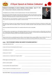 English worksheet: WW1 : Prince Williams speech at Amiens Cathedral
