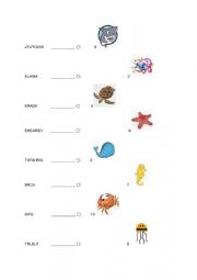 English Worksheet: Sea Animals Unscramble And Matching Challenge